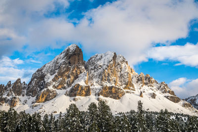 Low angle view of snowcapped mountains against sky