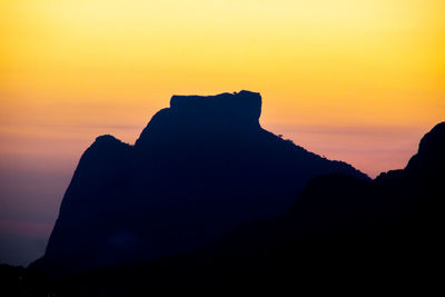 Scenic view of silhouette mountain against orange sky