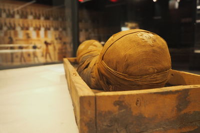 Close-up of egyptian mummy in coffin