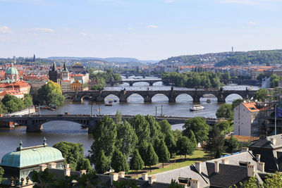 High angle view of river amidst buildings in city against sky