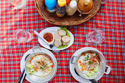 High angle view of meal served on table