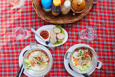 High angle view of meal served on table