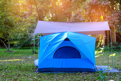 View of tent on field against trees