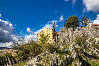 Low angle view of trees and building against sky