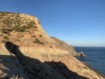 Scenic view of rocks and sea against clear blue sky