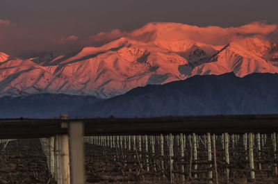 Scenic view of snowcapped mountains against sky during sunset