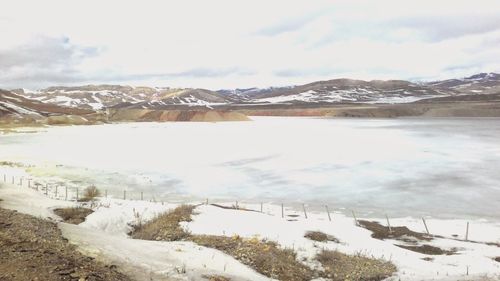 Scenic view of snow covered mountains against sky