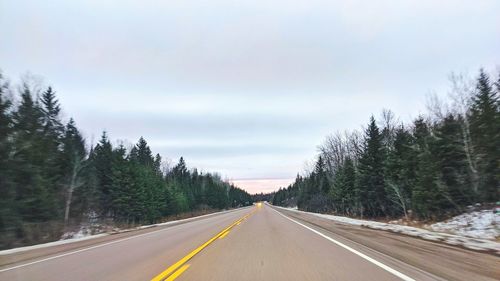 Empty road along trees and against sky