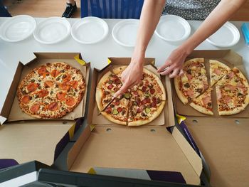 High angle view of pizza on table