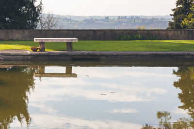 Reflection of trees in lake against sky in park