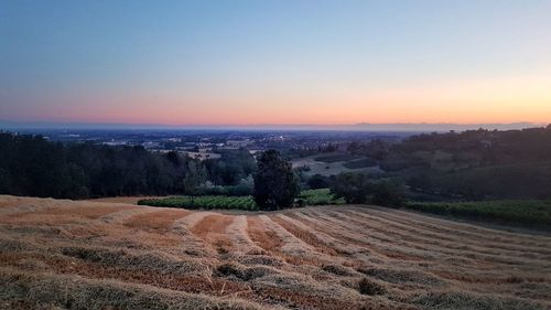 Scenic view of landscape against clear sky during sunset