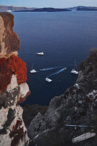 High angle view of boats sailing in sea