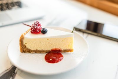 Close-up of cake in plate on table