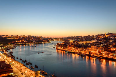 High angle view of illuminated city at sunset