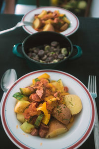 High angle view of meal served on table