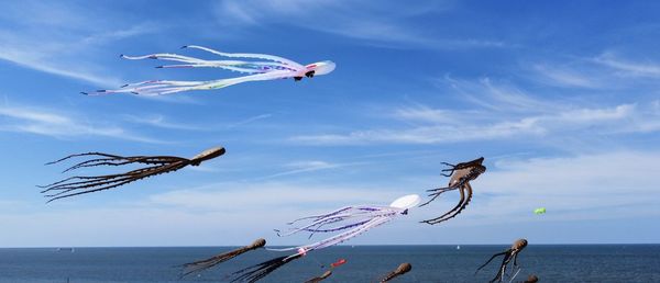 Low angle view of kite flying over sea against sky