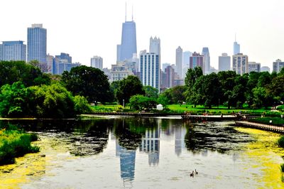 Reflection of downtown district in lincoln park zoo pond