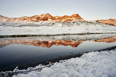 Winter stream against mountains with snow