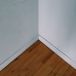 High angle view of hardwood floor and white walls