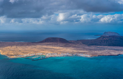 Aerial view of sea against cloudy sky