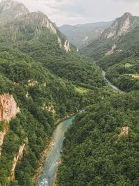 High angle view of road amidst trees and mountains