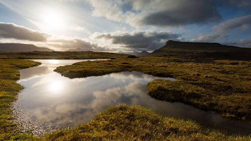 Scenic view of lake and mountains against sky