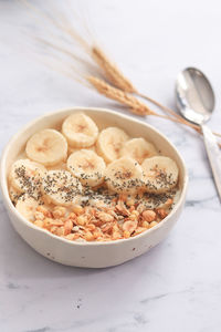 High angle view of breakfast served on table
