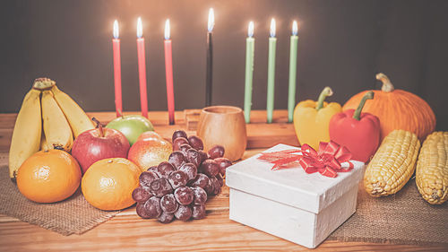 High angle view of various fruits on table