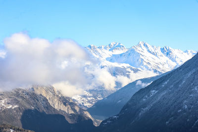 Scenic view of snowcapped mountains against sky