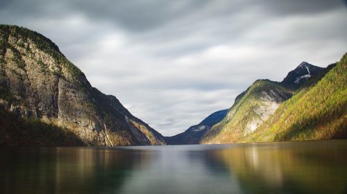 Scenic view of lake against cloudy sky