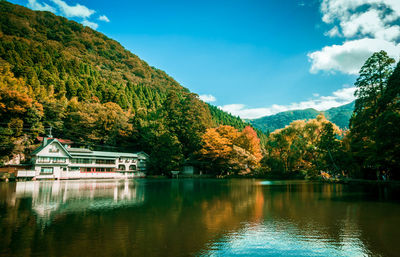 Scenic view of lake by trees against sky