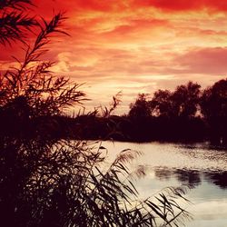 Scenic view of lake against orange sky