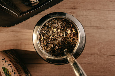 High angle view of coffee beans on table