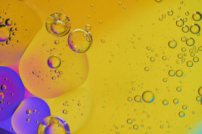 Top view oil bubbles drop on the water with colorful background, macro photography concept