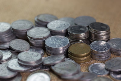 High angle view of coins