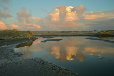 Reflection of clouds in water at sunset