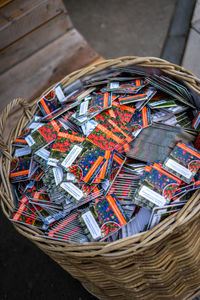 High angle view of multi colored pencils in basket