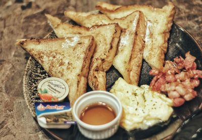 High angle view of breakfast served on table