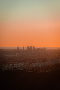 Buildings in city at sunset