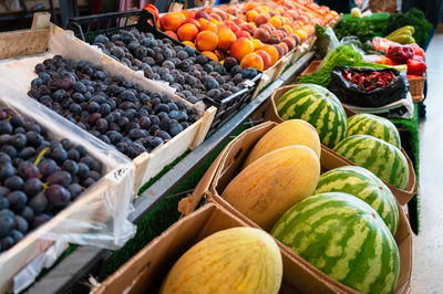 High angle view of fruits for sale at market stall
