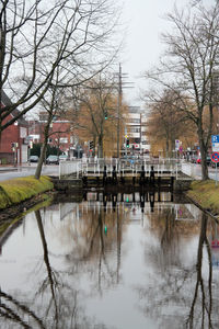 Reflection of bare trees and buildings in lake