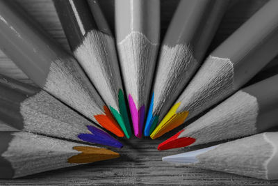 High angle view of multi colored pencils on table