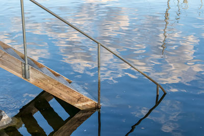 High angle view of wooden staircase going into water