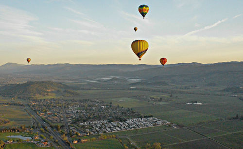 Hot air balloons flying over landscape