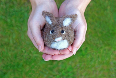 Cropped hands holding woolen rabbit