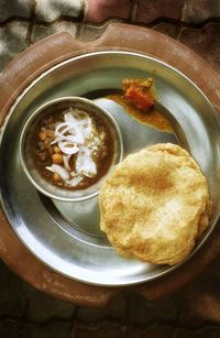 High angle view of food in plate