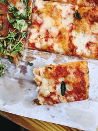 High angle view of pizza on table