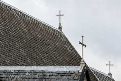 Low angle view of roof and building against sky