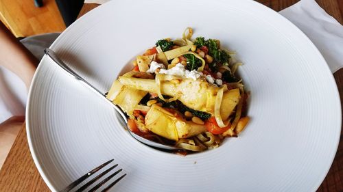 High angle view of food in plate on table