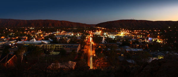 High angle view of illuminated residential district